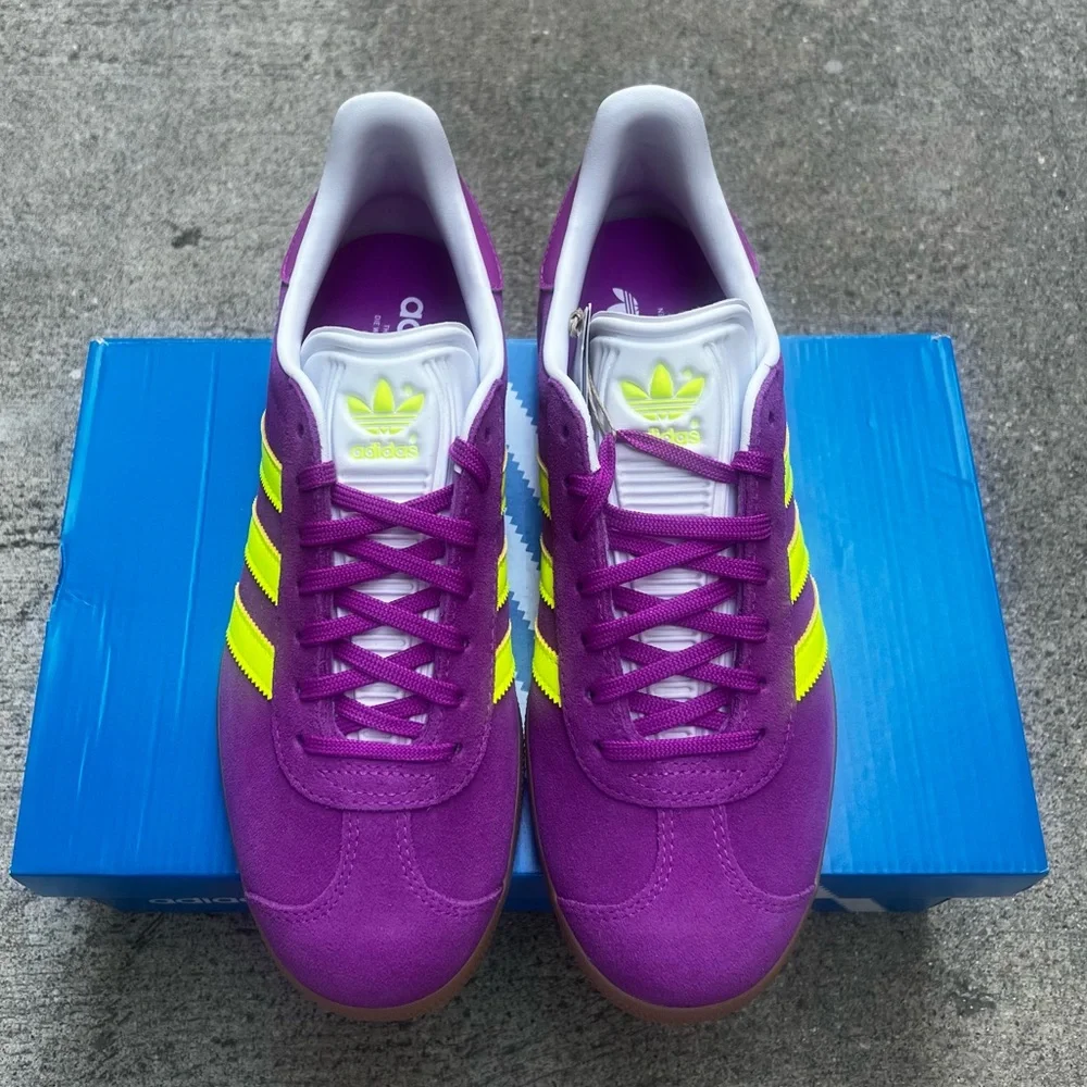 WMNS ADIDAS ORIGINALS GAZELLE PURPLE BURST NEON SOLAR YELLOW SHOES SNEAKERS - Picture 15 of 17